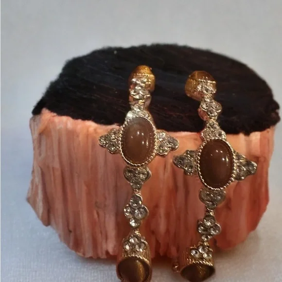 Tigers Eye Elegant Brown and Gold Women's Earrings - Picture 2 of 14